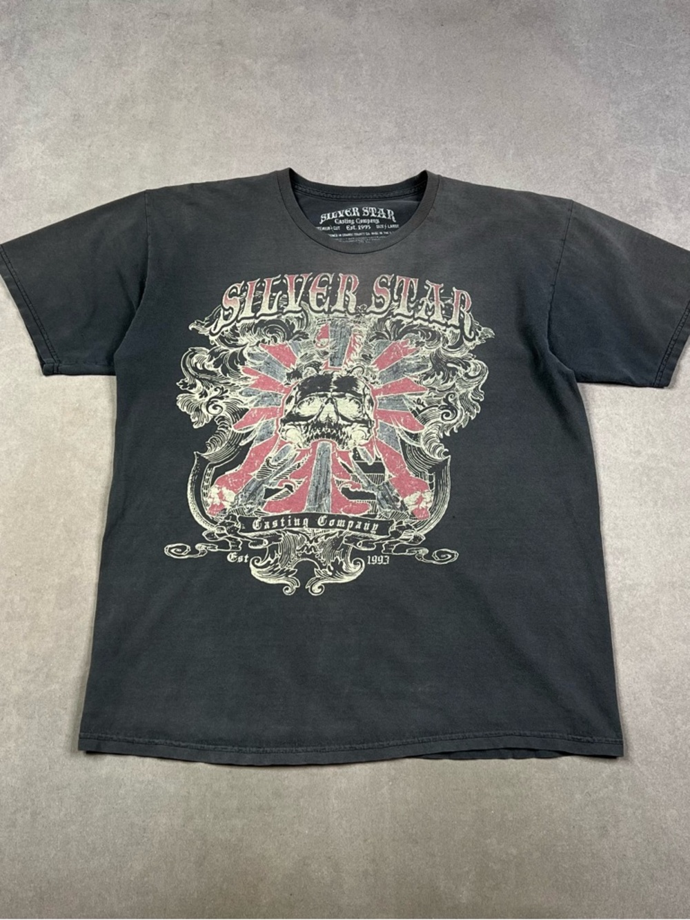 Y2K Affliction Style Silver Star Graphic Tee with Red & Cream Design